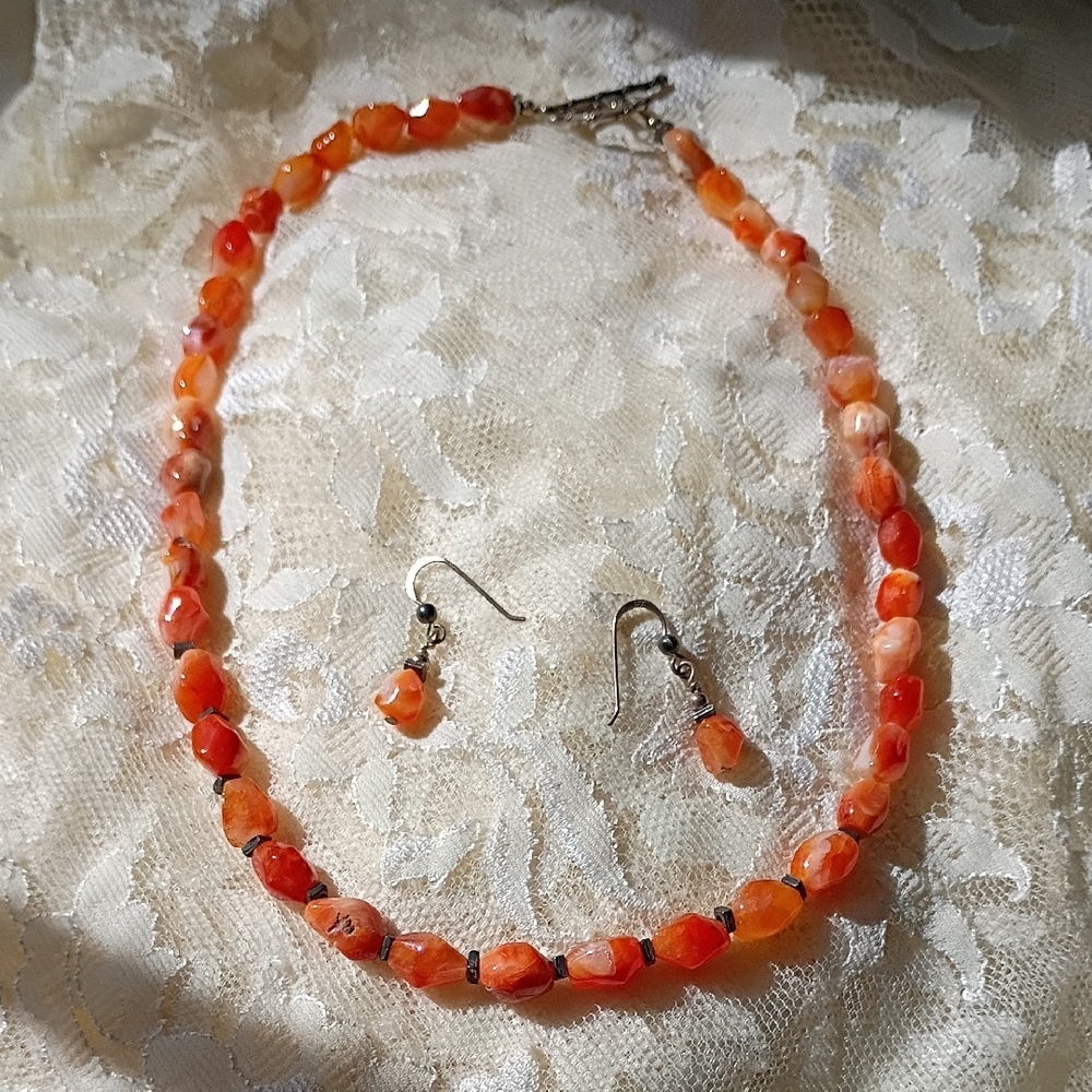 Elegant Orange Beaded Carnela Necklace and Earring Set